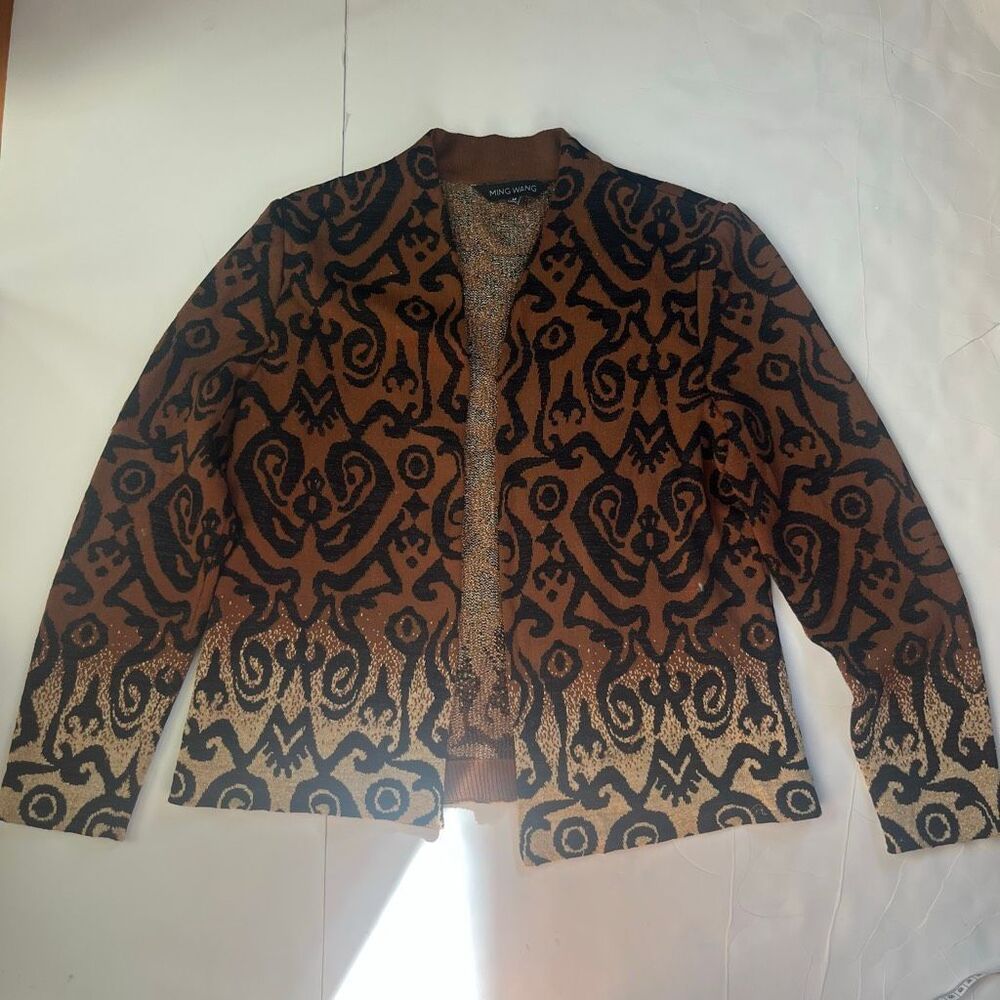 Ming Wang Women's Jacquard Knit Open-Front Cardigan Jacket Brown Black Medium